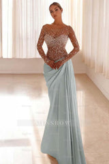 Jewel Neck Long Sleeves Long Mermaid Formal Dress With Pleated