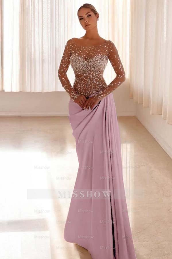 Jewel Neck Long Sleeves Long Mermaid Formal Dress With Pleated