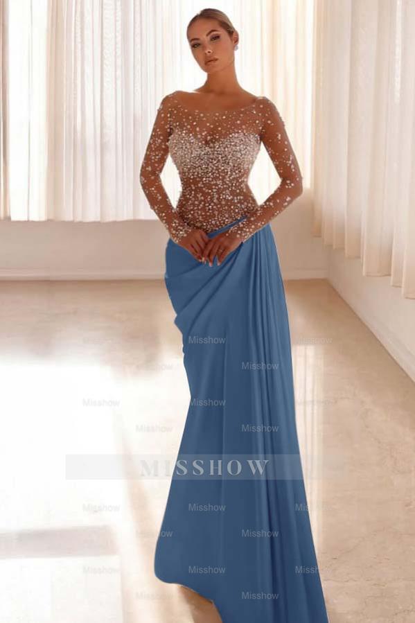 Jewel Neck Long Sleeves Long Mermaid Formal Dress With Pleated