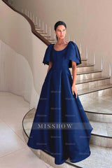 Jewel Neck Short Sleeves Long A Line Formal Dress With Pleated