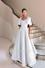 Jewel Neck Short Sleeves Long A Line Formal Dress With Pleated
