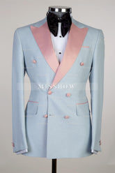 Joshua Sky Blue Sparkly Double-Breasted Men’s Suit with Pink Peaked Lapel