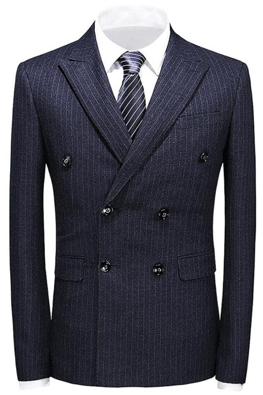 Sleek Black Double Breasted Peak Lapel Striped Business Suit