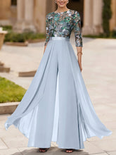 Jumpsuit Scoop Chiffon Mother of the Bride Jumpsuit with Overskirt 3/4 Sleeves Floral Sequins Floor-Length