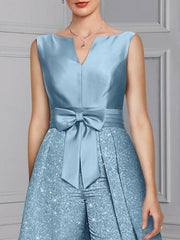 2 Pieces Scoop Long Sleeves Mother Of The Bride Pantsuits With Sash Sequins