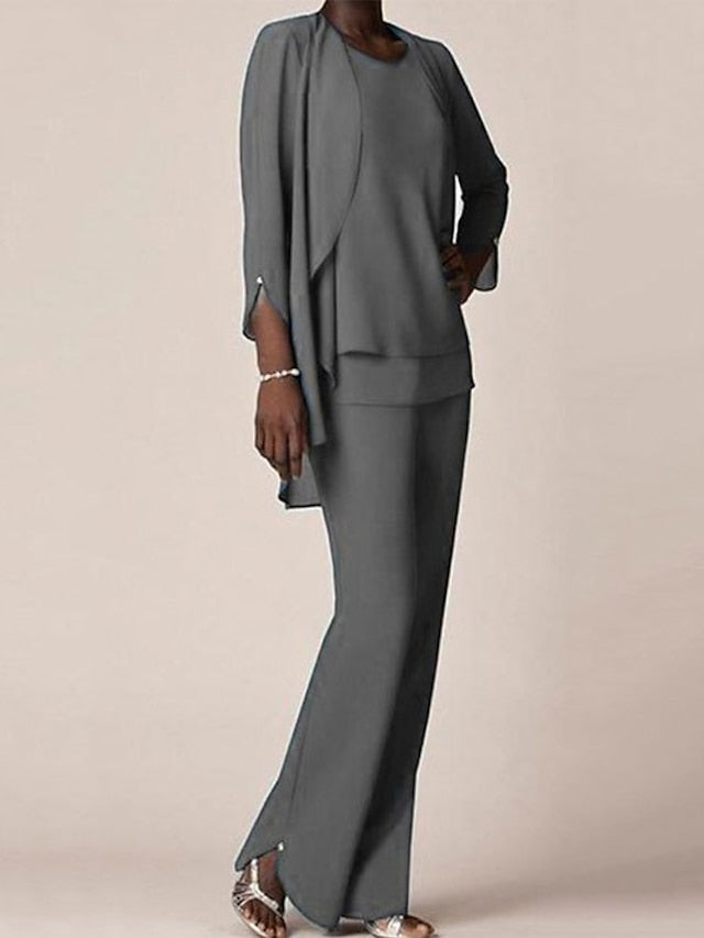 Chiffon Scoop Long Sleeves Floor Length Mother Of The Bride Pantsuits With Ruffles