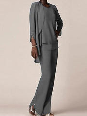 Chiffon Scoop Long Sleeves Floor-Length Mother of the Bride Pantsuits with Ruffles