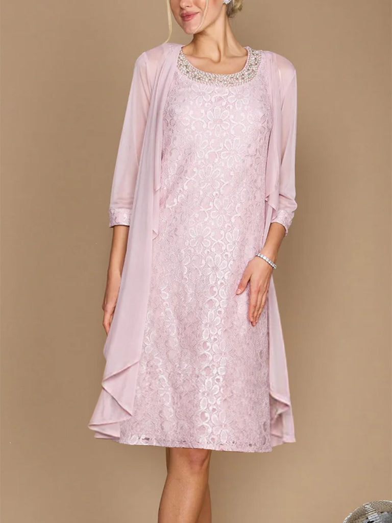 Knee-Length Mother of the Bride Dress with Half Sleeves Jacket and Embroidery
