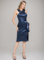 Knee-Length Ruched Mother of the Bride Dress with Criss Cross Sheath/Column Design Ruffles & Side Slit