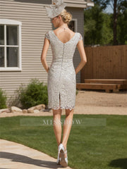 Knee-length Satin Mother of the Bride Dress with Scoop Neck and Lace Sleeves