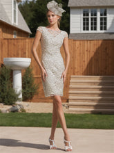 Knee-length Satin Mother of the Bride Dress with Scoop Neck and Lace Sleeves