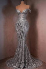 Lace Off-the-Shoulder Mermaid Evening Dress Sweetheart Corset Sunburst Ruching Scallop Hem Formal Gown with Sweep Train