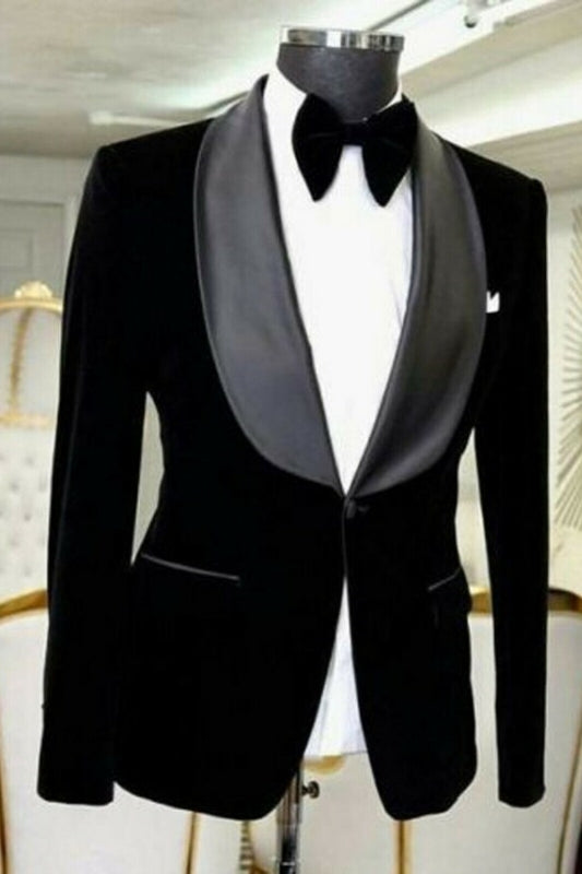 Latest Arrival Black Velvet Wedding Suit With Black Satin Collar