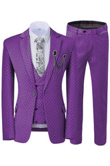 Latest Arrival Plum Notched Lapel Three-Piece Polka Dot Prom Attire for Men