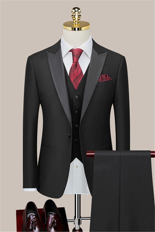 Latest Black Peaked Lapel Three-Piece Tailored Wedding Suit