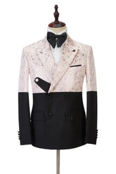 Latest Blush Pink Jacquard Peaked Lapel Double Breasted Prom Ensemble
