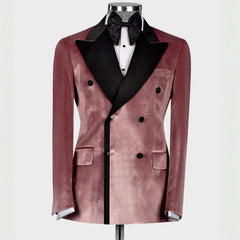 Latest Blush Pink Peaked Lapel Double Breasted Velvet Prom Attire