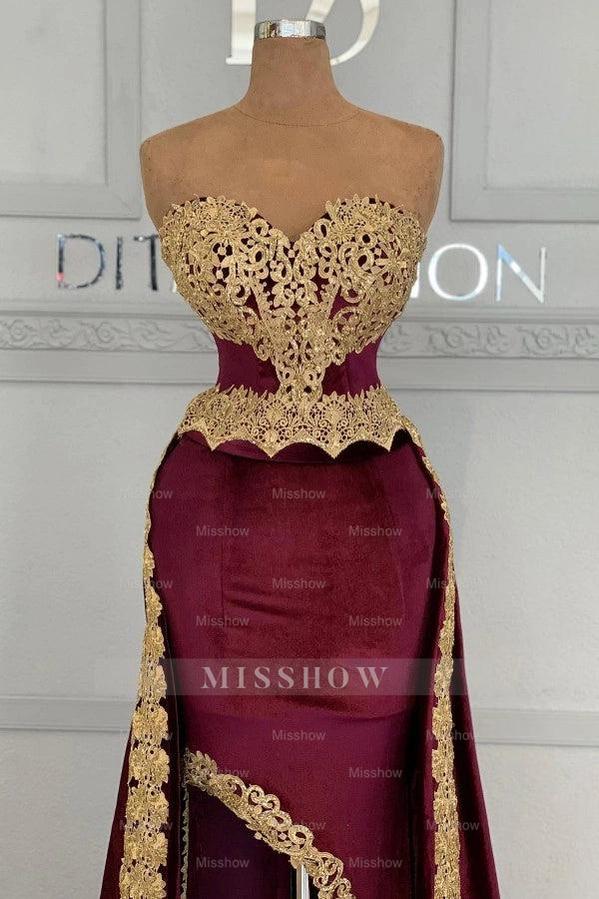 Latest Burgundy Sweetheart Sleeveless Mermaid Wedding Dress with Appliques and Slit
