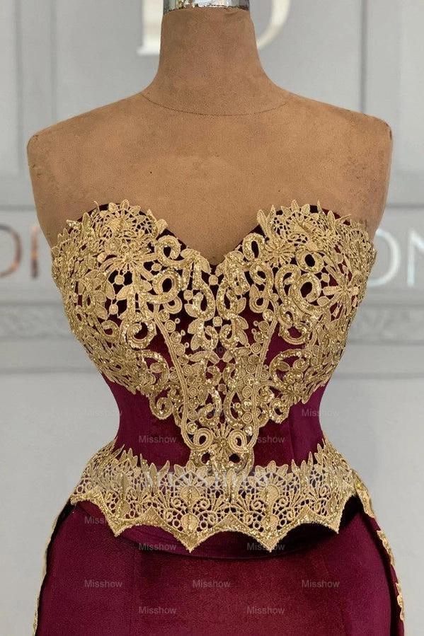 Latest Burgundy Sweetheart Sleeveless Mermaid Wedding Dress with Appliques and Slit