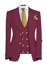 Latest Burgundy Three-Piece Men's Peaked Lapel Suit For Prom