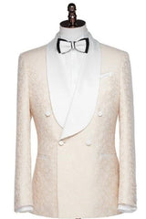 Latest Champagne Shawl Collar Double Breasted Jacquard Groom's Wedding Suit