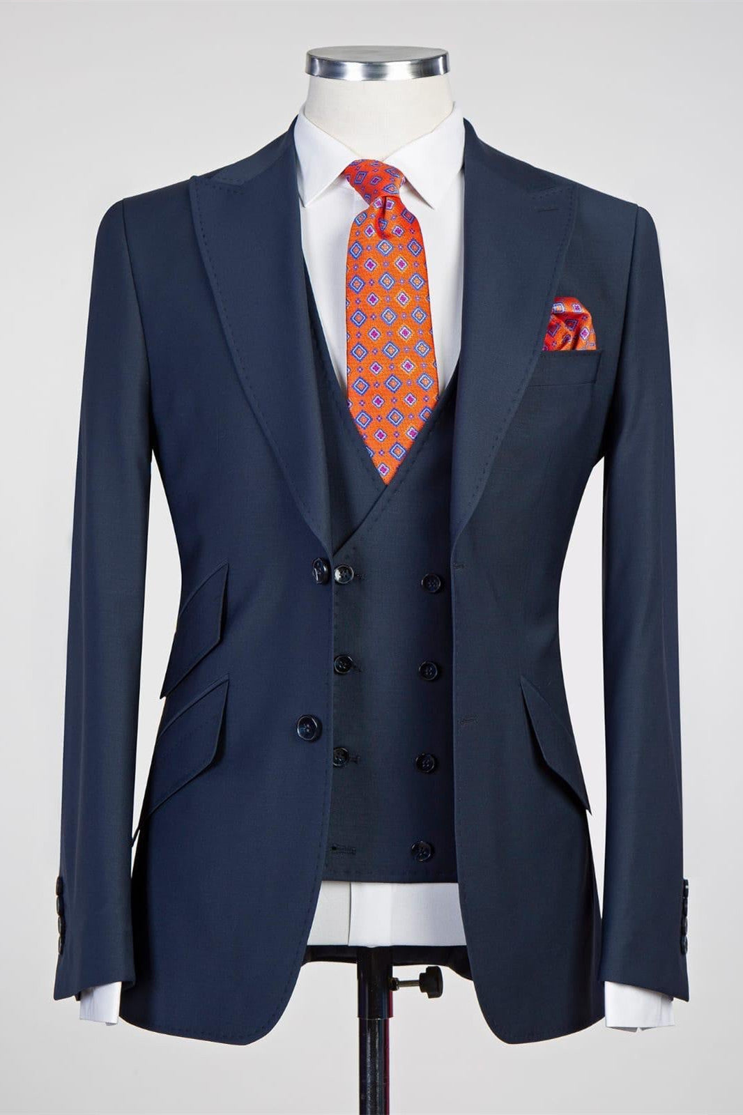 Latest Dark Blue Peak Lapel Three-Piece Business Suits for Men