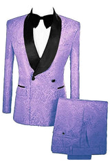 Latest Lavender Double Breasted Jacquard Groom's Suit With Velvet Lapel