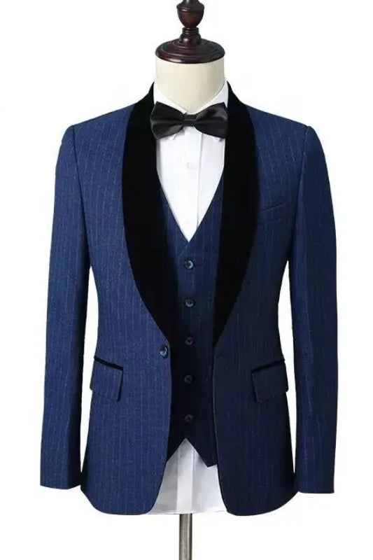 Latest Midnight Blue Shawl Collar Three-Piece Striped Wedding Ensemble