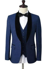 Latest Midnight Blue Shawl Collar Three-Piece Striped Wedding Ensemble