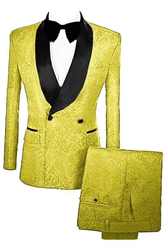 Latest Mustard Double Breasted Jacquard Groom's Suit With Velvet Lapel