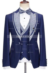 Latest Navy Blue Bespoke Peak Lapel Three-Piece Wedding Ensemble