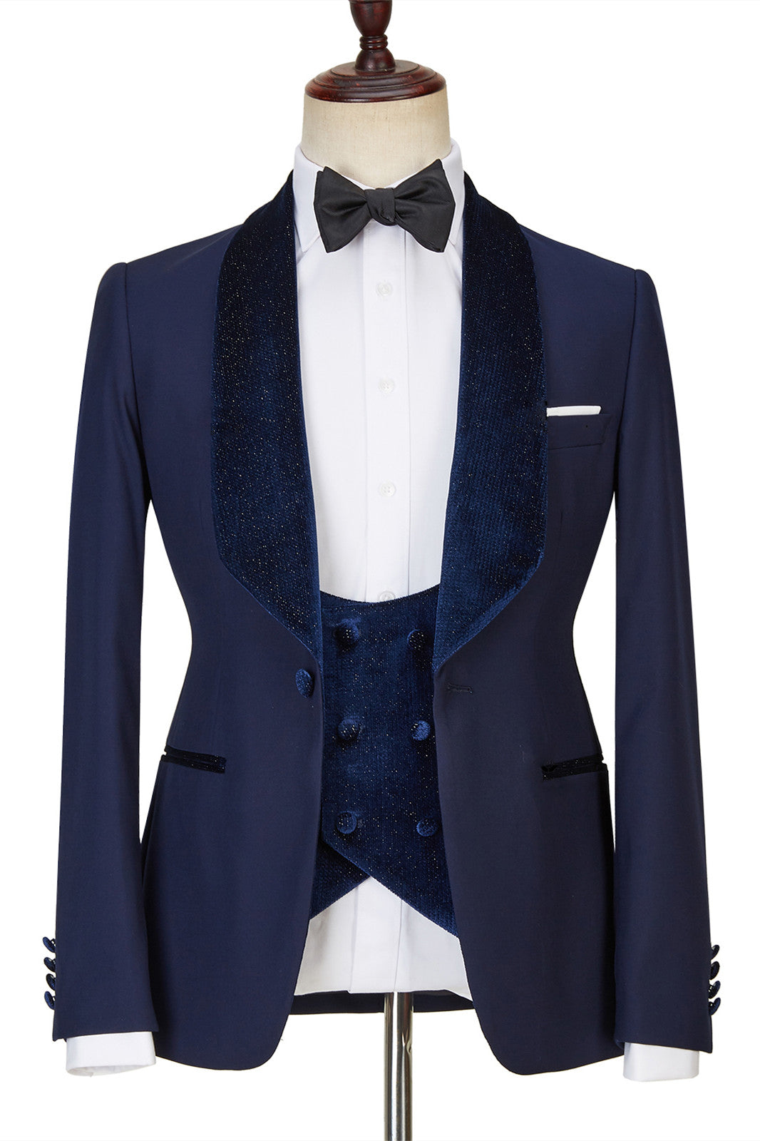 Latest Navy Blue Best Tailored Three-Piece Sparkling Men’s Suits