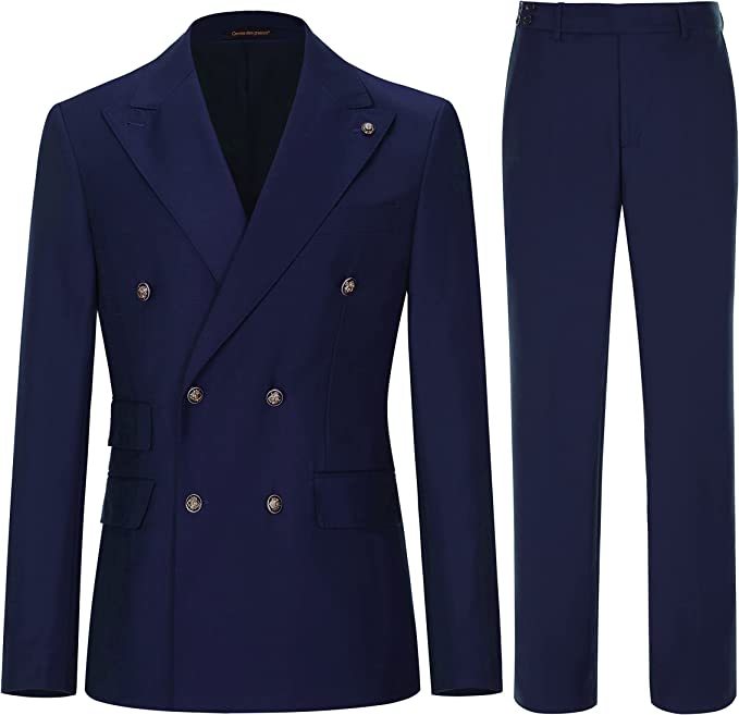 Latest Navy Blue Peak Lapel Double-Breasted Business Suit