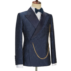 Latest Navy Blue Slim Fit Jacquard Peaked Lapel Wedding Men’s Attire