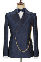Latest Navy Blue Slim Fit Jacquard Peaked Lapel Wedding Men’s Attire