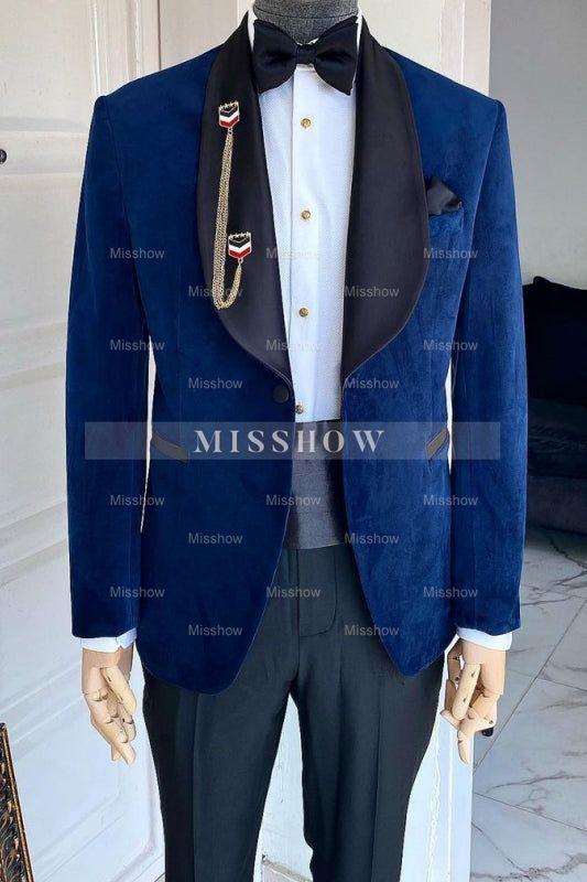 Latest Navy Blue Wedding Suit With Black Shawl Collar
