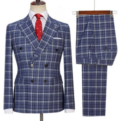 Latest Navy Peak Lapel Double Breasted Plaid Business Suit