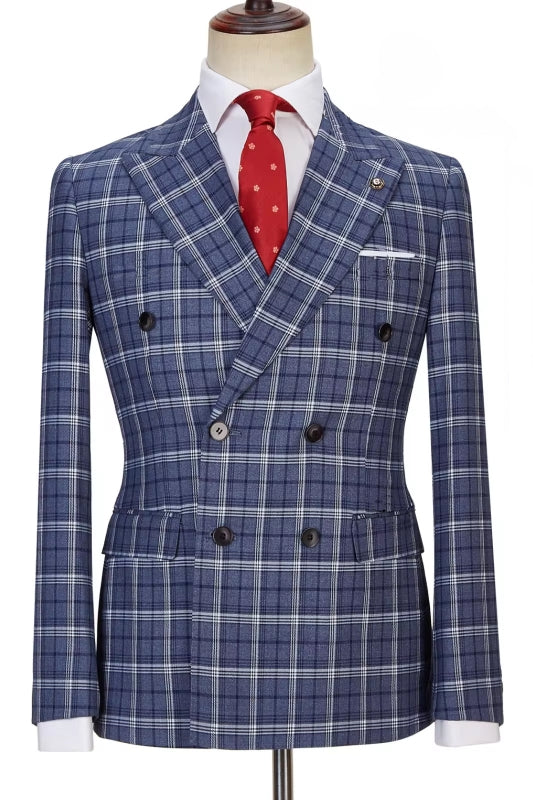 Latest Navy Peak Lapel Double Breasted Plaid Business Suit