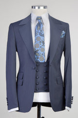 Latest Navy Striped Notched Lapel Three-Piece Men’s Suits