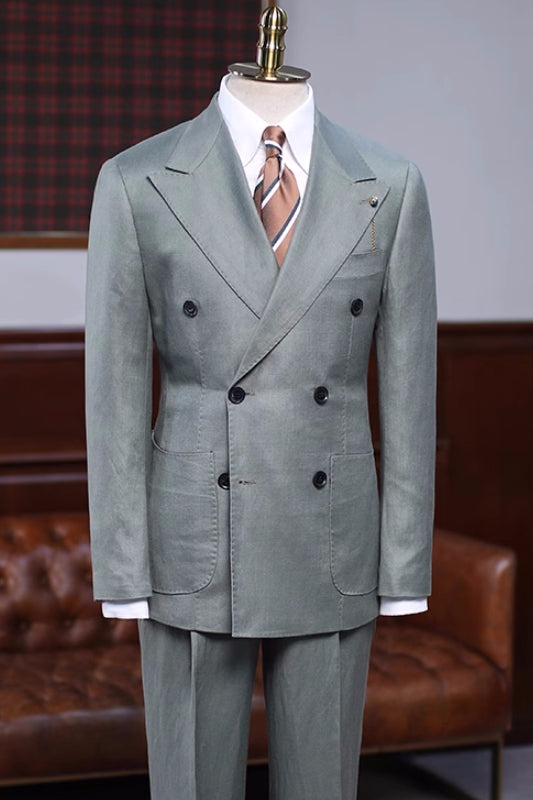 Latest Sage Peaked Lapel Double Breasted Prom Outfit