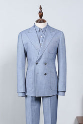 Latest Sky Blue Plaid Peak Lapel Tailored Men’s Suit