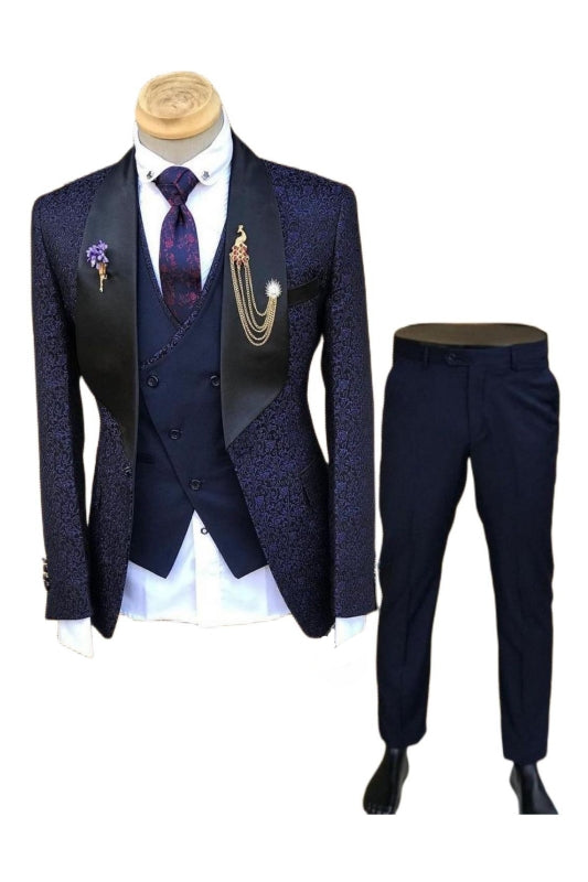 Latest Violet Shawl Collar Three-Piece Jacquard Wedding Suit