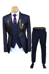 Latest Violet Shawl Collar Three-Piece Jacquard Wedding Suit