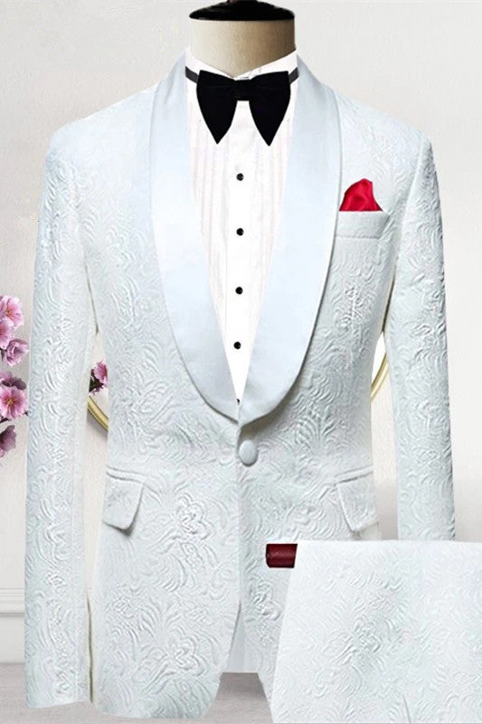 Latest White Shawl Collar Jacquard Groom's Wedding Suit