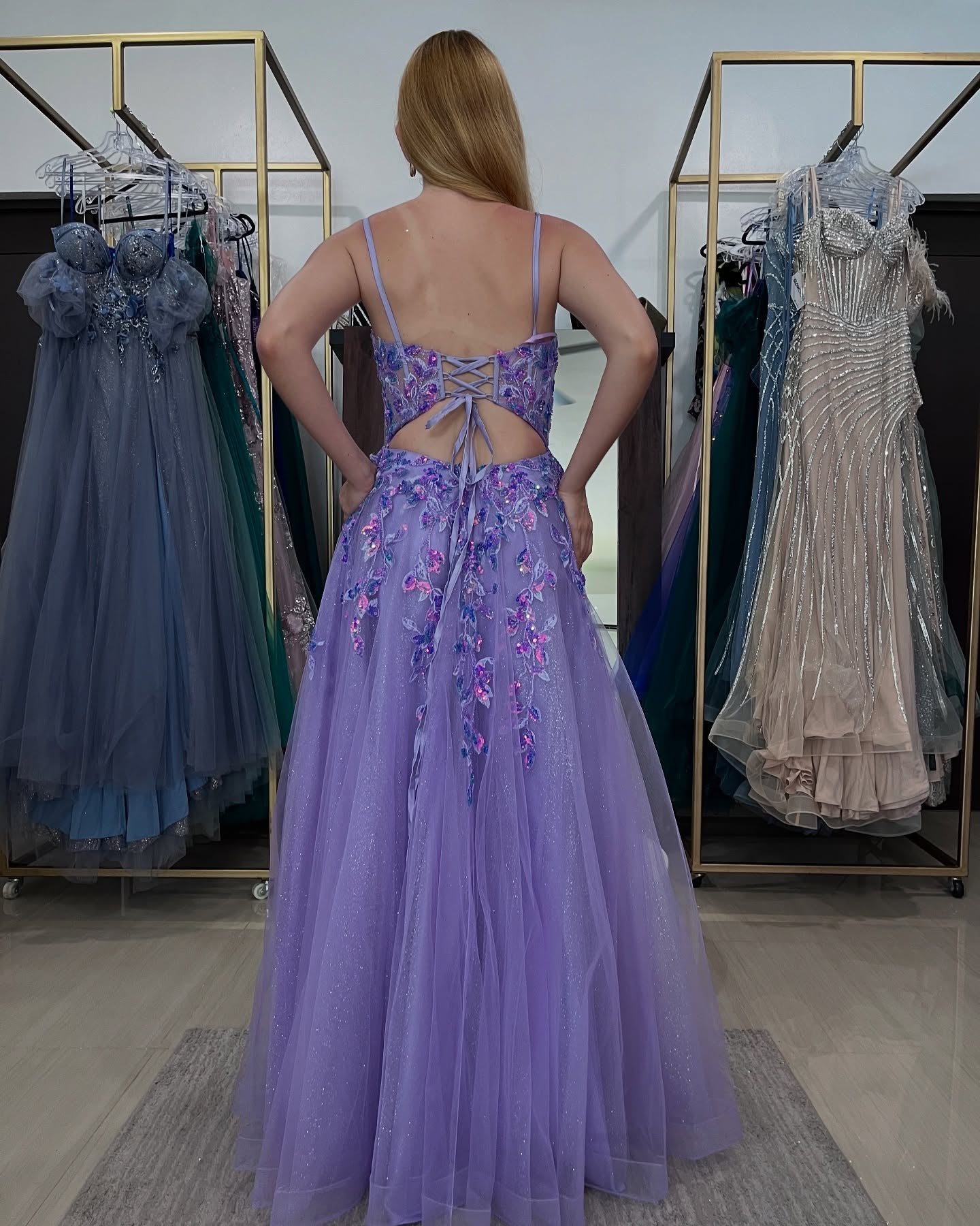Lavender Glitter Tulle A-Line Evening Dress Spaghetti Straps V-Neck Sheer Corset Butterfly Floral Sequin Applique High Slit Lace-Up Cutout Back Formal Gown