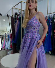 Lavender Glitter Tulle A-Line Evening Dress Spaghetti Straps V-Neck Sheer Corset Butterfly Floral Sequin Applique High Slit Lace-Up Cutout Back Formal Gown