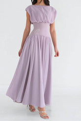 Lavender High Neck Cap Sleeve A-Line Satin Beaded Floor Length Formal Evening Dress