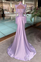 Lavender High Neck Lace Long Sleeve Corset Satin Mermaid Floor Length Evening Gown