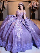 Lavender Off-Shoulder Sleeveless 3D Floral Applique Bow Ball Gown Quinceanera Dress