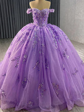 Lavender Off-Shoulder Sleeveless 3D Floral Applique Rhinestone Ball Gown Quinceanera Dress